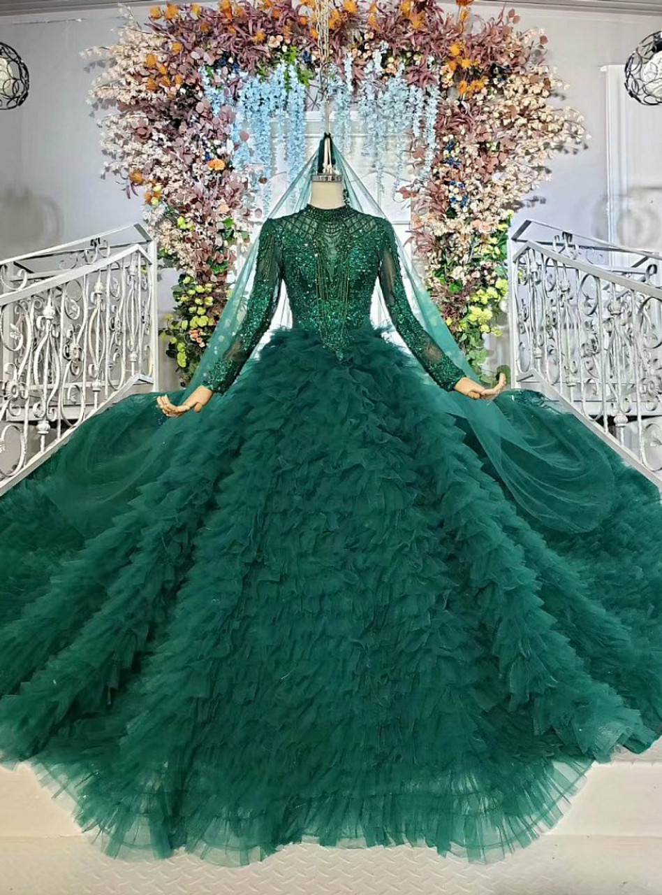 Dark Green Ball Gown Tulle Beading Long ...